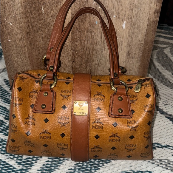 MCM Cognac Logo Double Pocket Satchel in Tan - Picture 5 of 13